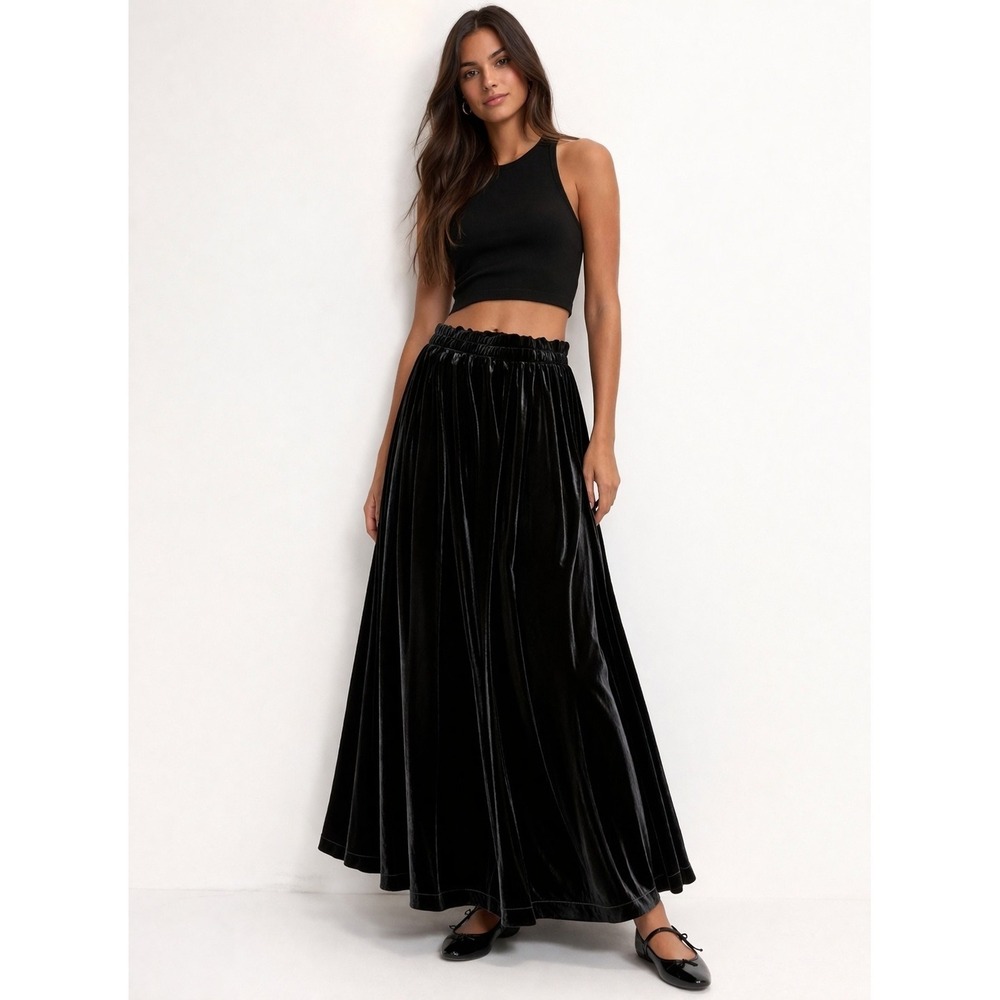 Vintage 90s Koret Black Velvet Elastic Waist A-line Maxi Skirt SIZE L